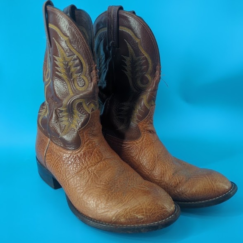 Tony Lama Mens Brown Leather Western Cowboy Boots Size 8 Round Toe Stacked Heel